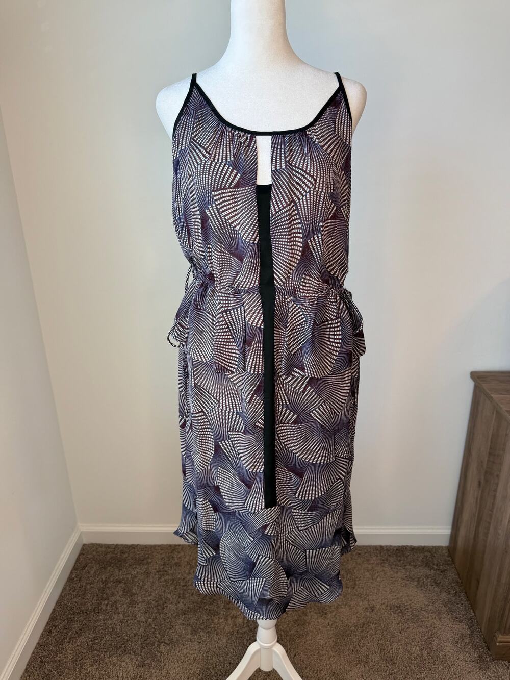 A.L.C. Silk Abstract Fan Print Keyhole Tiered Midi Dress